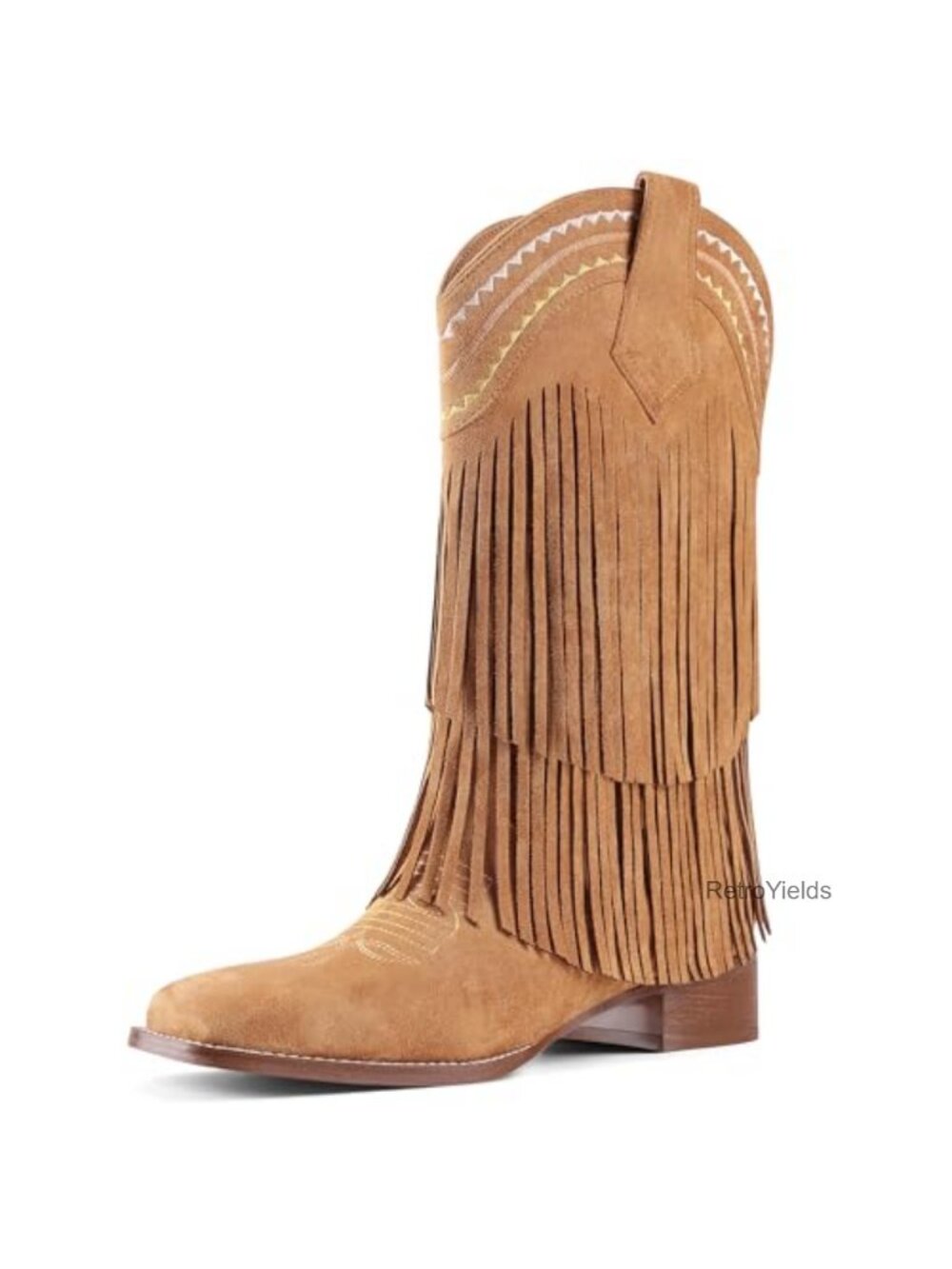 Fringe Mid Calf Cowboy Boots Low Chunky Block Heel Square Toe Pull On